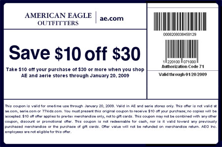 An awesome coupon from American Eagle. Take 10 off your purchase of  ...