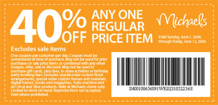 Michaels Canada Arts & Crafts Coupons: 40% off 1 Regular Price Item