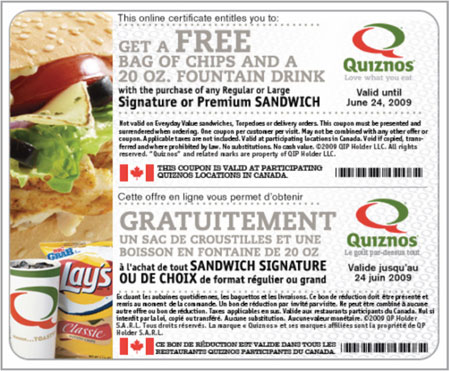 free coupons canada. Quiznos Canada Coupons