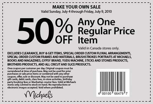 Michaels Canada Arts & Crafts Store Coupon: 50% off One Regular Price