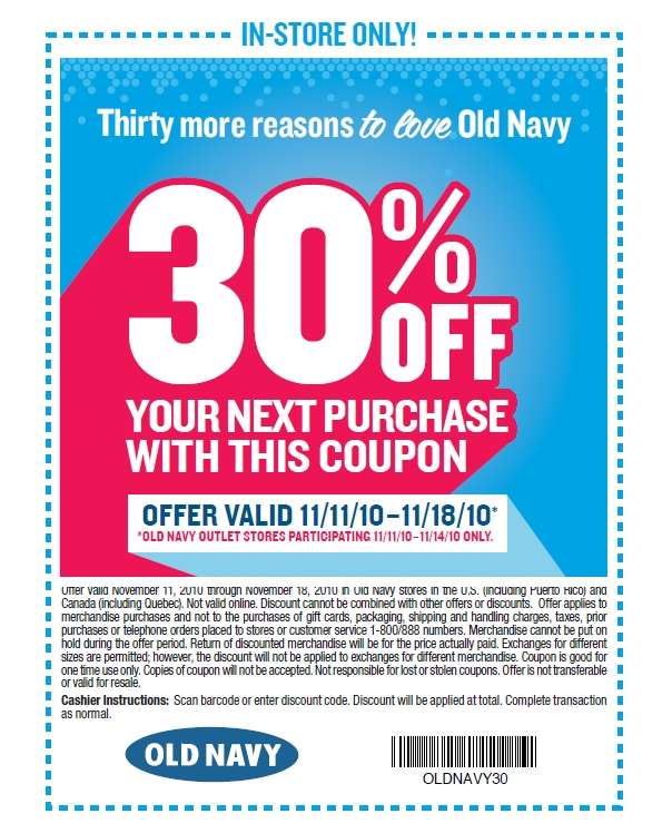 Old Navy Canada: 30% Off Your Entire Purchase *Printable Coupon