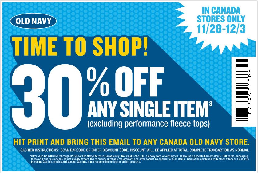 Old Navy Canada: 30% Off Any Single Item In-Store Only (Nov. 28 ...
