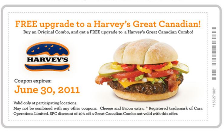 printable coupons canada 2011. Harveys Canada: Free upgrade