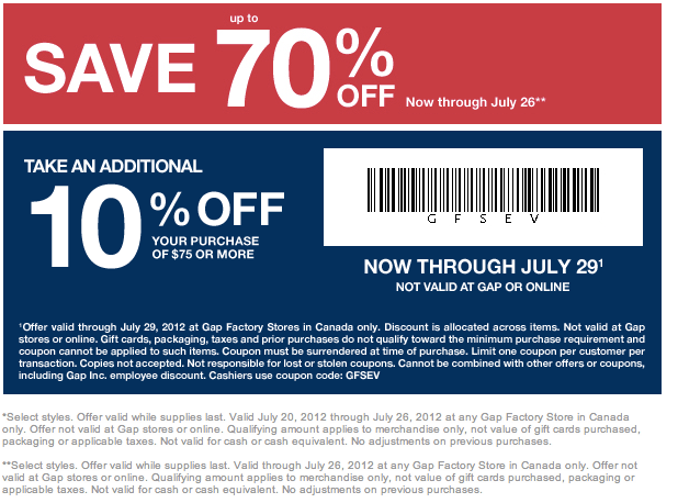 Gap Factory Store: Save 10% off purchase of $75 or more *Printable