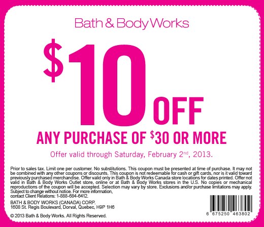 Canadian Coupons: Bath & Body Works Canada $10 off $30 *Printable