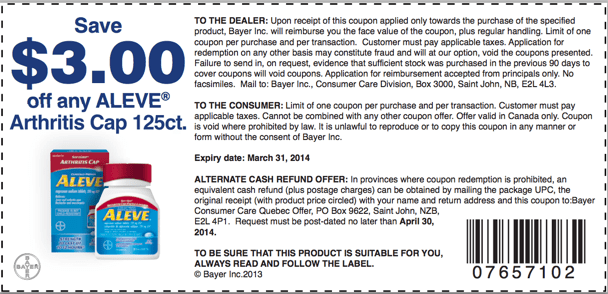 Aleve Bayer Canada Coupons: Save $3 00 on Any Aleve Arthritis Cap 125ct