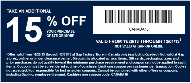 GAP Factory Stores Canada Black Friday Sales & Deals 2013: 50-70% + 15% off  Coupon - Canadian Freebies, Coupons, Deals, Bargains, Flyers, Contests  Canada Canadian Freebies, Coupons, Deals, Bargains, Flyers, Contests Canada