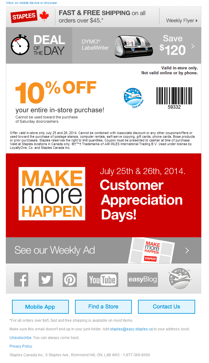 Staples Canada Customer Appreciation Days Coupon Save 10 In Stores July 25th and 26th