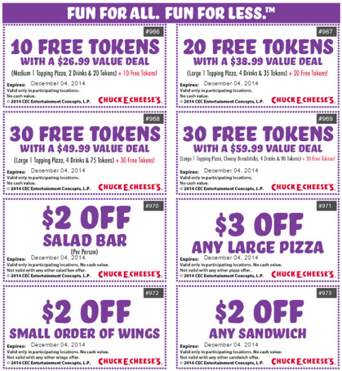 Where can you get Chuck E. Cheese's tokens for free?