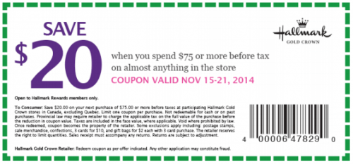 Hallmark Canada Printable Coupon: Save $20 When You Spend $75 or More