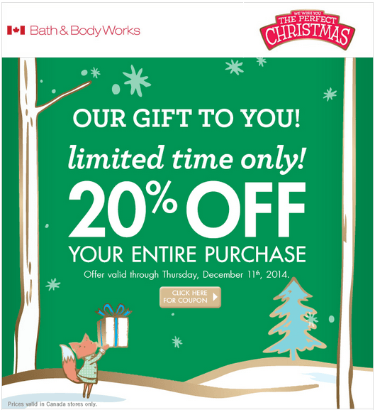 Bath & Body Works Canada Gift To You: Coupon For 20% Off Your Entire