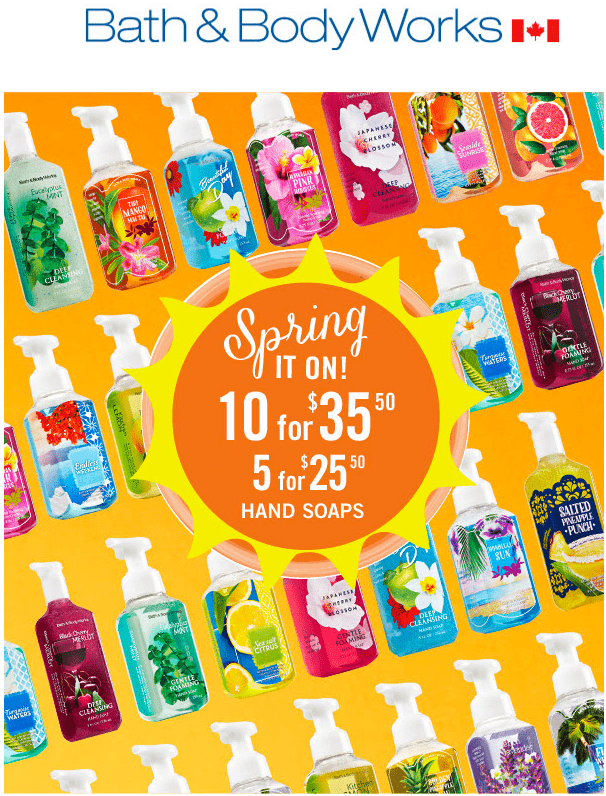 Bath & Body Works Canada Deals: Hand Soaps, 10 for $35.50, Signature