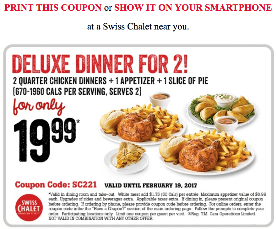 Swiss Chalet Canada Valentine's Day Coupons Delivery Dinner for 2 for