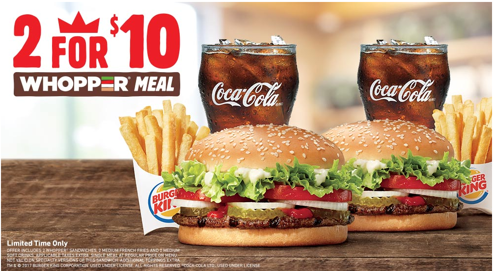 Burger King Canada Offers 2 Whopper Meal For 10 & Mix & Match Two for 4.00 or Two for 5.00