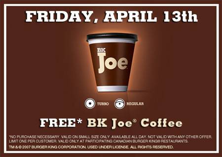 Free Burger King Joe Coffee