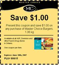 Master Choice Burgers at A&P and Dominion $4.99