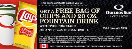 Quiznos Sub Canada Coupon: Free Chips & Drink
