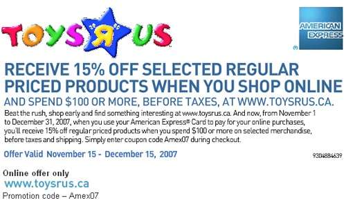 Toys R Us Canada: 15% off $100 with American Express