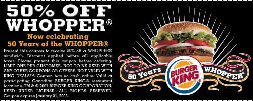 Burger King Canada: 50% off Whopper Coupon