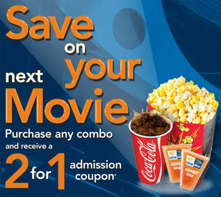 Cineplex 2 for 1 Admission Coupon with Combo Purchase