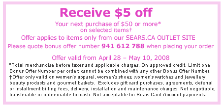 Canadian Coupon Codes: Sears Canada Save $5 on $50
