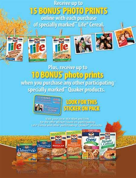 Free Photo Prints from Walmart Canada with Purchase of Quaker Cereal & Granola Bars