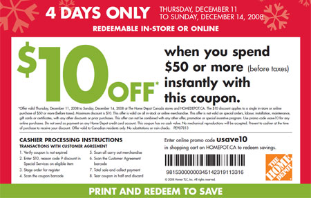 Home Depot Coupon: $10 off $50 In-store or Online - Canadian