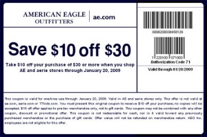 American Eagle in Canada: Coupon for $10 off $30 Canadian Freebies