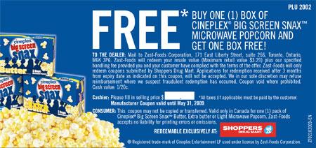 Cineplex Big Screen Snax Microwave Popcorn Canada Coupon