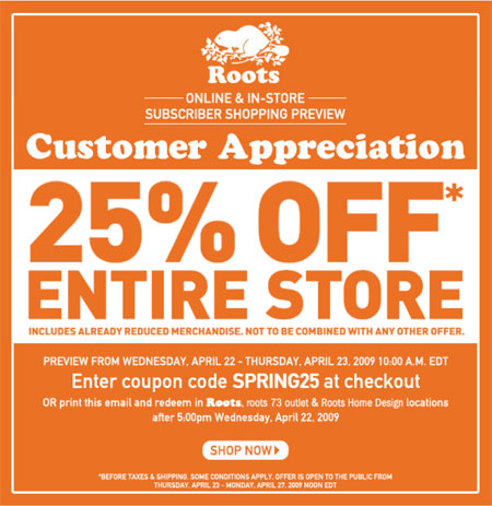 Roots Canada Customer Appreciation Day Coupon