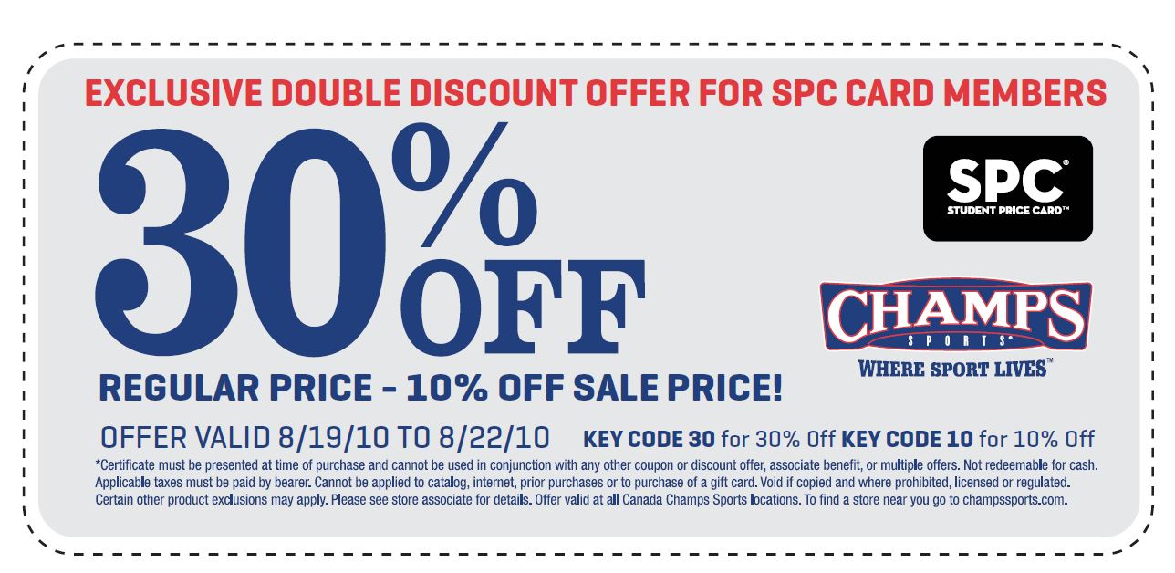 Champs Canada Double Discount Offer For SPC Card Holders. Save 30% off  Regular Price and an Extra 10% off Sale Items Printable Coupon - Canadian  Freebies, Coupons, Deals, Bargains, Flyers, Contests Canada