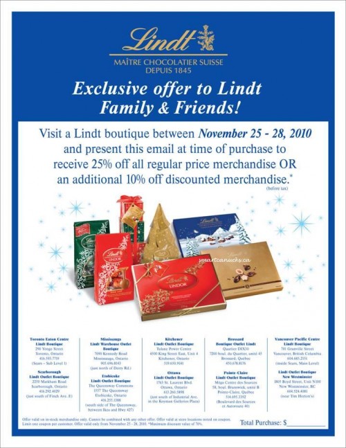 Lindt Chocolates Friends &amp; Family Event: Nov. 25 - 28, 2010 - Canadian ...