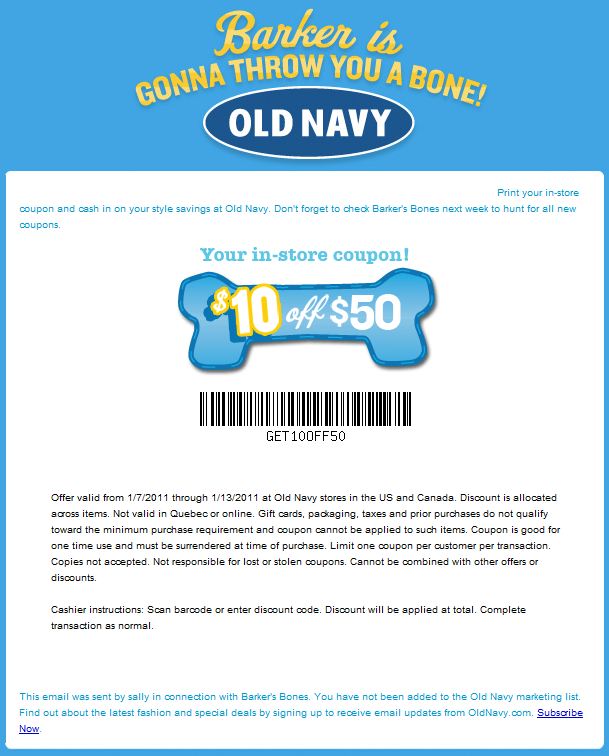 Old Navy Canada Barkers Bones Weekly Discount Printable Coupon 10 Off