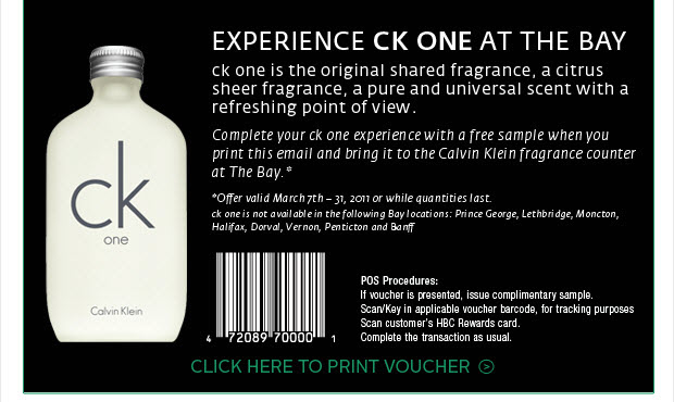 The Bay: Free Sample of Calvin Klein's CK One - Canadian Freebies, Coupons,  Deals, Bargains, Flyers, Contests Canada Canadian Freebies, Coupons, Deals,  Bargains, Flyers, Contests Canada