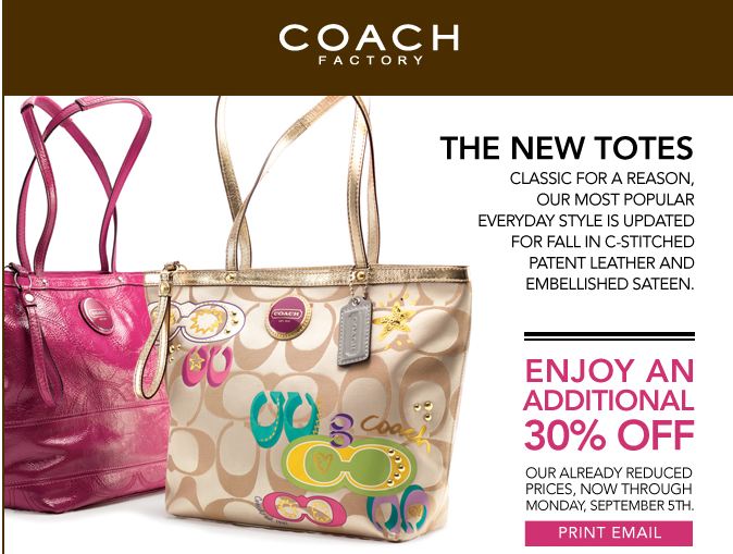 Coach Factory Outlet Store: Save 30% Off Extra Until September 5th *Discount  Coupon Code* - Canadian Freebies, Coupons, Deals, Bargains, Flyers,  Contests Canada Canadian Freebies, Coupons, Deals, Bargains, Flyers,  Contests Canada
