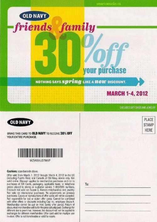 Old Navy Canada Friends And Family 30% Off Printable Coupon (Mar. 1-4 ...