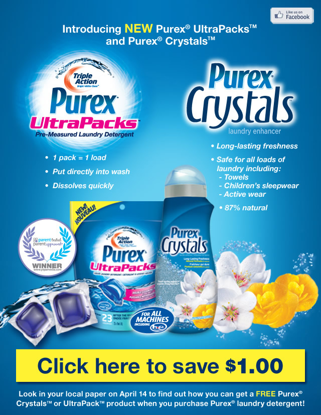 Save 1 on Purex UltraPacks OR Crystals Laundry Enhancer & More