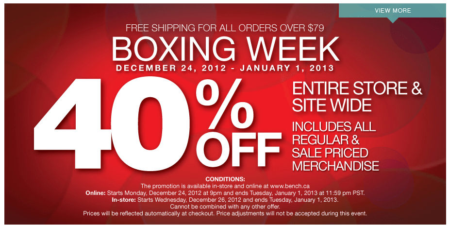Bench Canada Boxing Week 2012 Sale 40 Off Entire Purchase Canadian
