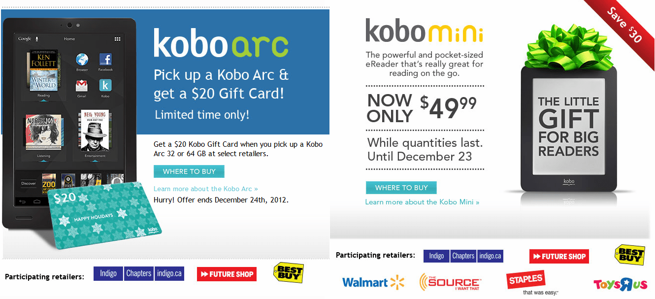 Kobo Mini 49.99 Or Get 20 Kobo Gift Card With Kobo Arc