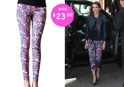 Celeb Look For Less! Jessica Alba in floral pants by Tory Burch. Our version only $23.00!