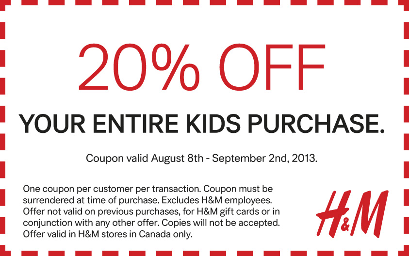 H M Canada 20 Off Your Entire Kids Purchase Printable Coupon 