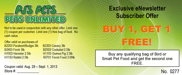 PJ’s Pets Bird and Small Pet Food discounyt coupon