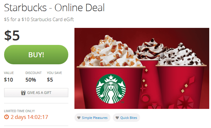 Starbucks Groupon Offer 10US for 5US Canadian Freebies