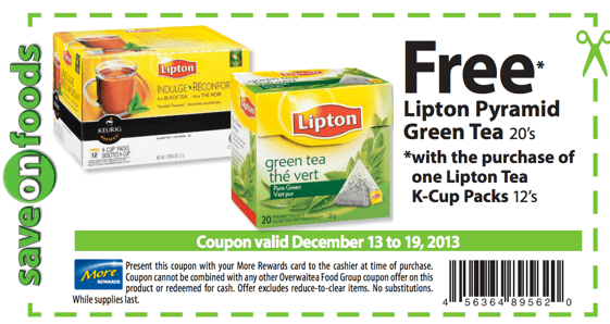 Save on Foods Canada Coupons: FREE Lipton Green Tea 20's ...