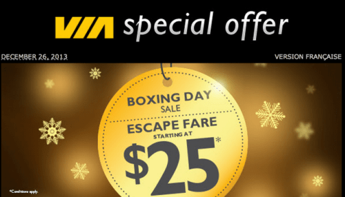 VIA Rail Canada Boxing Day offer