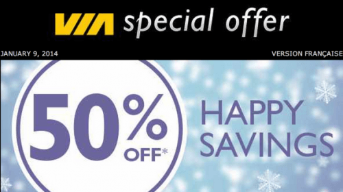 Travel at half price  off with VIA Rail