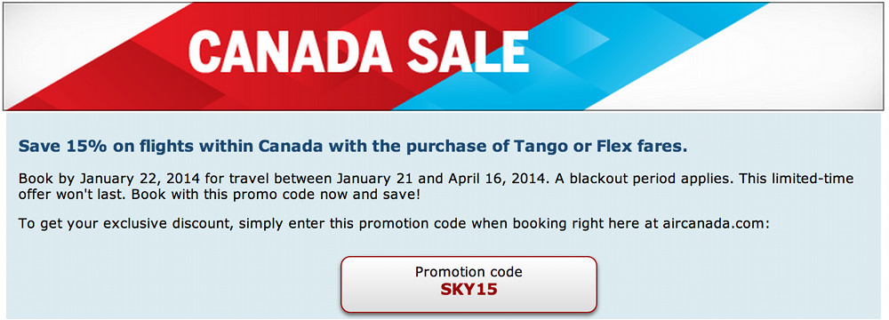 Air Canada Coupon Codes Sale: 15% off Tango and Flex