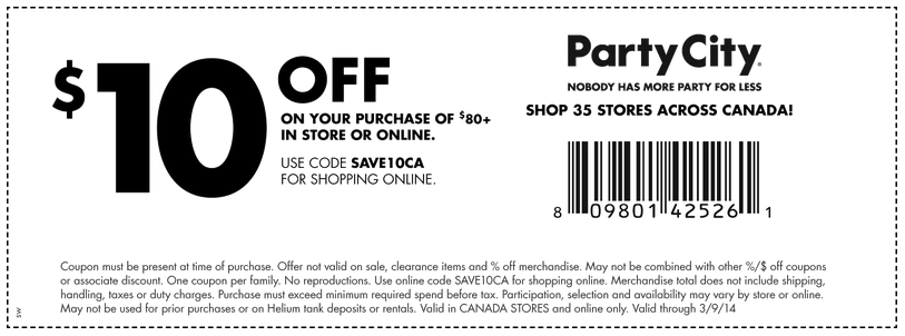 Party City Canada Printable Coupon Coupon Code 10 Off Any Order Of 