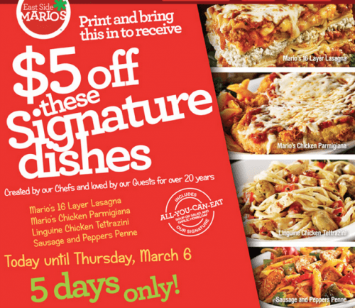 signature entrées coupon at East Side Mario's Canada