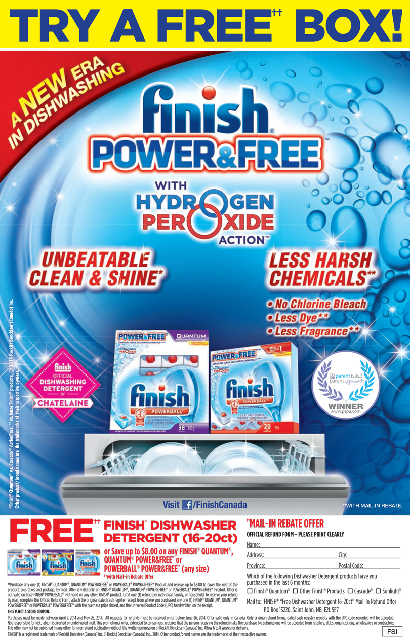  HOT Finish Canada Freebie Free Finish Dishwasher Detergent With Mail 